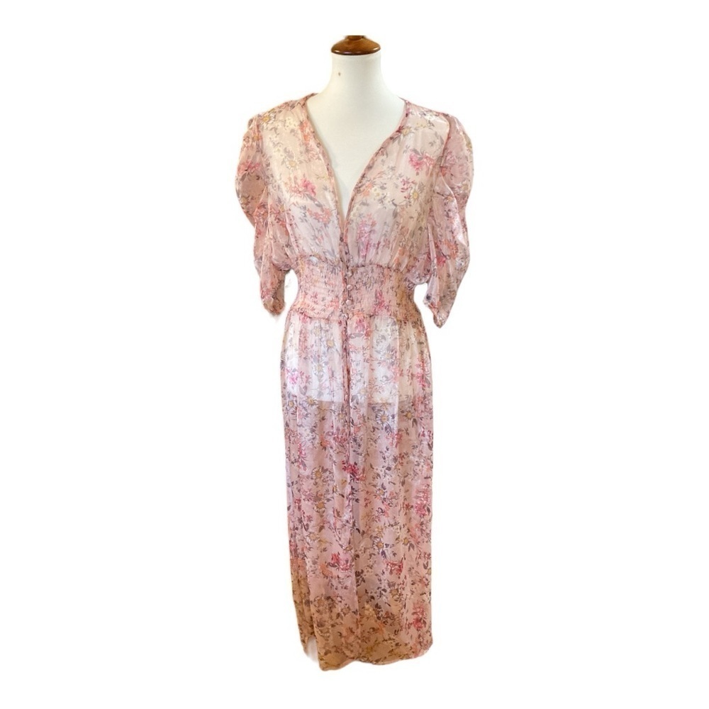 L.I.F.E. Sheer Pink Button Floral Long Cover Up Dress